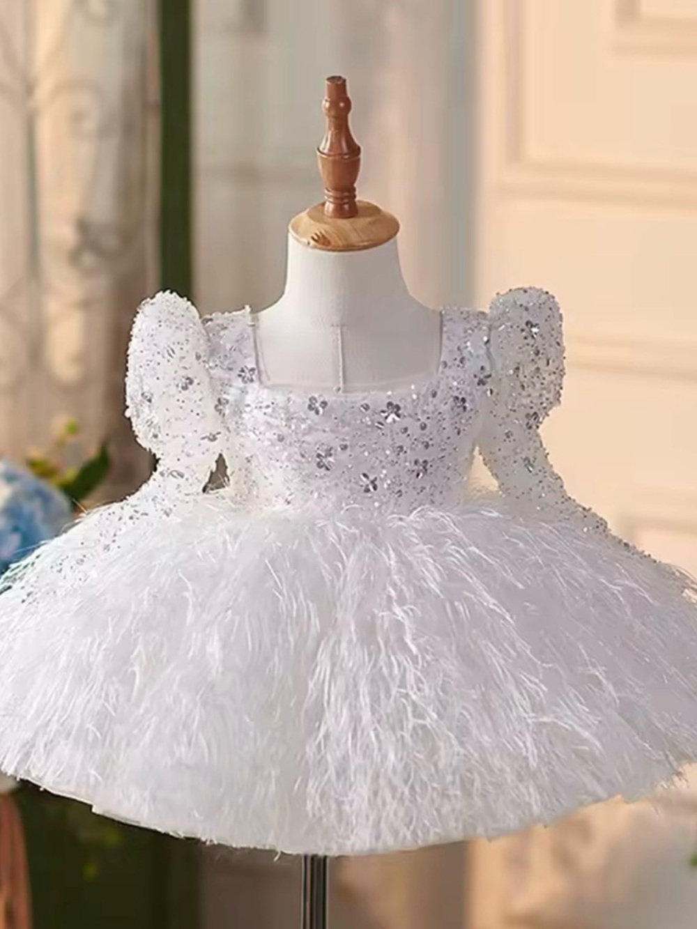 White Sequin & Feather Princess Dress for Kids